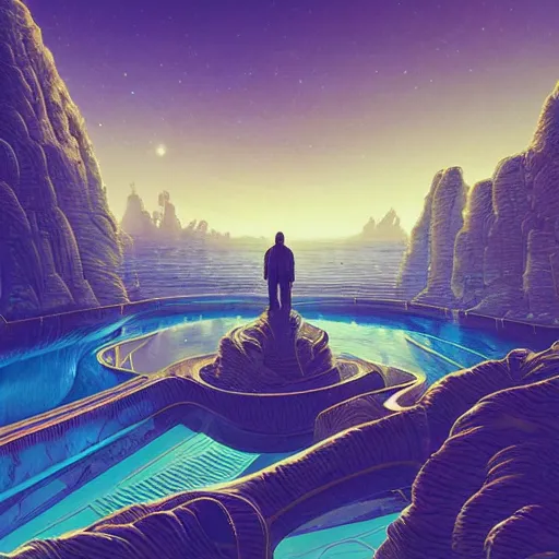 Image similar to Alena Aenami, scifi landscape, hyperrealistic surrealism, award winning masterpiece with incredible details, epic stunning, infinity pool, a surreal vaporwave liminal space, highly detailed, trending on ArtStation, artgerm and greg rutkowski and alphonse mucha, daily deviation, IAMAG, broken giant marble head statue ruins, golden hour