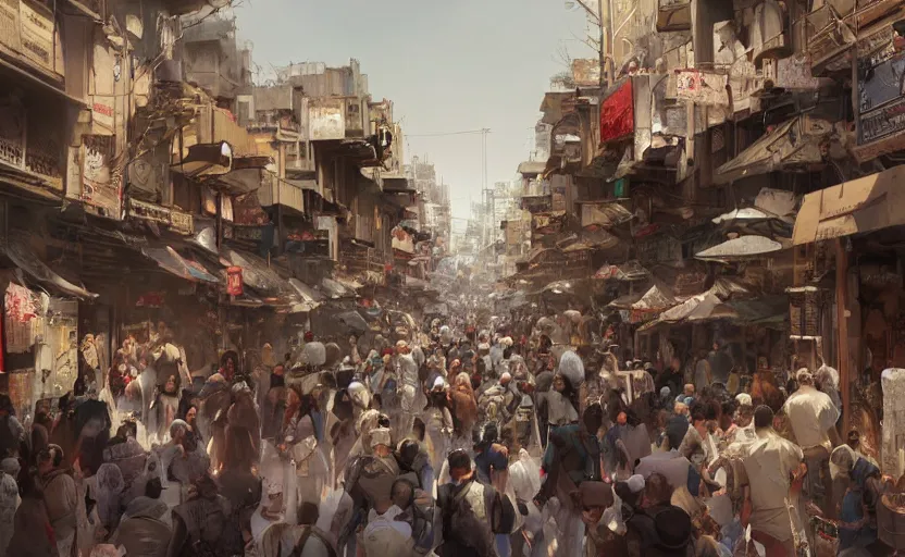 Image similar to A busy and crowded Persian and Japanese style Middle Eastern street .Realistic concept art, 4k, full of details. Digital art. Greg Rutkowski