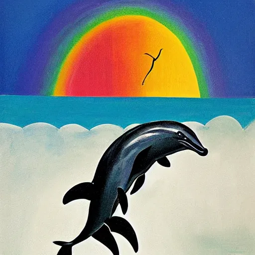 Image similar to the grim reaper riding a dolphin that is jumping over a rainbow, by mary blair,