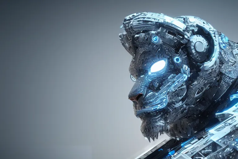 Prompt: lion, futuristic, cybernetic, metal, white blue grey, octane render, studio light, designed by apple