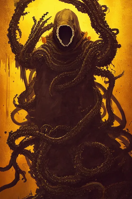 Image similar to A full body portrait of a mysterious character with no face with a very long hooded yellow cloak, a golden crown floating above his head tentacles coming out the ground art by Maciej Kuciara and Jason Chan, ominous, cosmic horror, trending on artstation, Ultra detailed, hyper realistic 4k