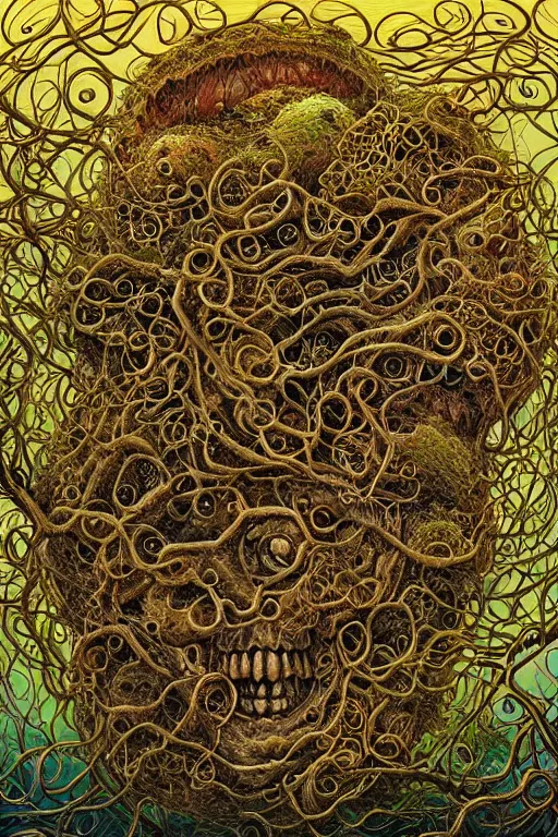 Image similar to Floating skull shaped island made of vines and earthart by visionary artist peter gric in hyperdetailed surreal fantastic style. Floating skull by hannah yata in visionary-psychedelic style earthart skull generative artwork by midjourney. Spiritual shamanic artifact skull decorated with gems and gold by billelis polished ominous photorealistic mysterious intricate hyperdetailed galactic expansive ethereal elemental detailed complex Earthart skull collage generated in discodiffusion or dall-e2 trending on Artstation hyperdetailed 8k resolution concept art 64 megapixels 8K resolution depth of field DSLR subtractive lighting tilt-shift wide-angle lens Skull made of smaller skulls made of smaller skulls surrealist fractal art gigapixel resolution 8K 3D | CGSociety | volumetric light | lightrays | smoke | cinematic | atmospheric | octane render | insanely detailed and intricate | hypermaximalist | elegant | ornate | luxury | elite | Floating skull hyperdetailed insanely complex artwork by psikodelicious art & design | gigapixel render | visions of chaos | midjourney | discodiffusion | complex hyperdetailed fantastic realism artwork made with dall-e2