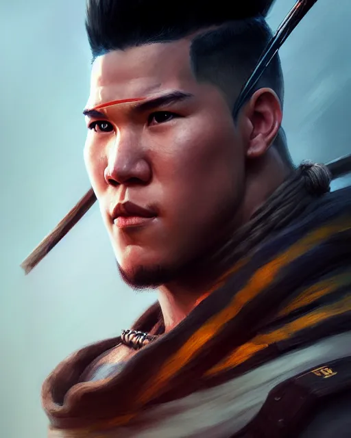 Image similar to face portrait of devin booker as a muscular ronin samurai, wearing a haori, by wlop and peter mohrbacher, dramatic action pose, extremely detailed shading, concept art, digital painting, trending on artstation, unreal engine 5, octane render, atmosphere, glow, cinematic lighting, full of color