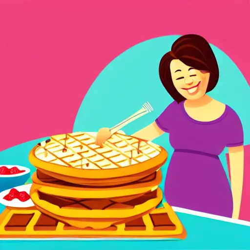 Image similar to book illustration of your mom making gigantic waffles, book illustration, vivid colors, white background