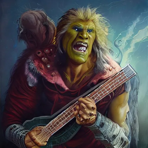 Image similar to detailed photo of a Half-orc bard portrayed by Gary Busey playing a lute, 8k,by Tristan Eaton, Stanley Artgermm, Tom Bagshaw, Greg Rutkowski, Carne Griffiths, trending on DeviantArt, face enhance, hyper detailed ,full of color, dramatic lightning, epic stance