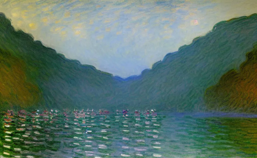 Prompt: a beautiful impressionist painting of the Nainital Lake on a rainy night by Claude Monet, masterpiece, trending on Artstation, HD, superhresolution