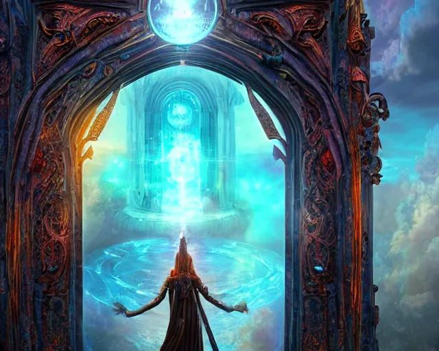 Image similar to magic portal gate, transparent background with a picture of the afterlife, ultra wide shot, lush colors, in the style of greg rutkowski and hans zatzka, digital art, sharp focus, highly realistic, exquisite ornate metal gothic icon heavy patina, delicate, enchanting, otherworldly, ethereal, mythology, mystical