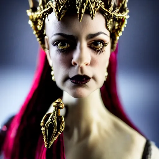 Image similar to photo taken of an epic intricate, ultra detailed, super realistic stop motion puppet of a majestic gracious regal aristocratic brunette female vampire and gothic filmset created by weta workshop, menacing, wide angle, full body shots, photorealistic, sharp focus, white wall, extremely cold blueish colour temperature, 3 5 mm, f 1. 4, golden ratio