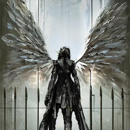 Image similar to a digital angel made of source code protects the gate to exit the simulation, matte painting by esao andrews and yoji shinkawa