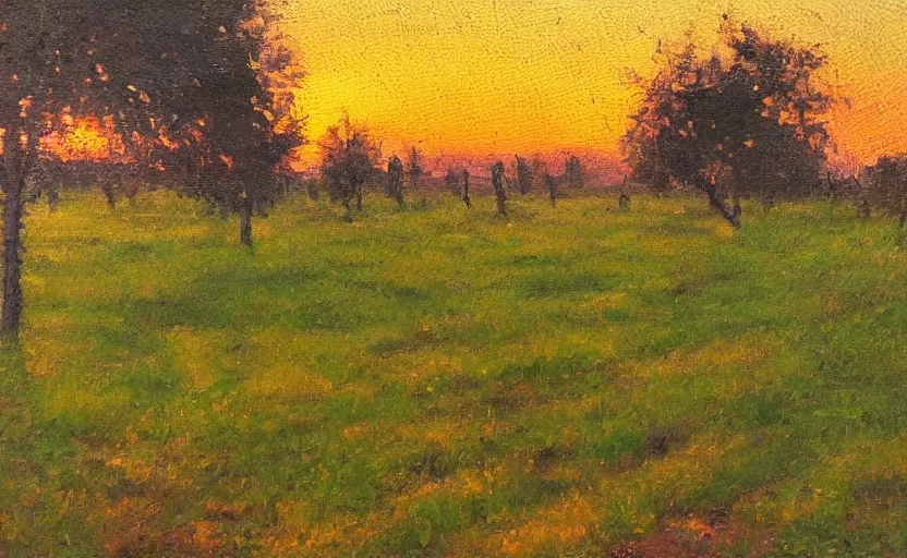 Image similar to an orchard at sunset, impressionist painting, oil on canvas, golden hour, beautiful lighting