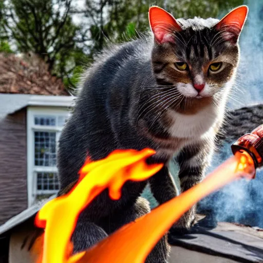 Prompt: a cat holding a flamethrower next to a burning house