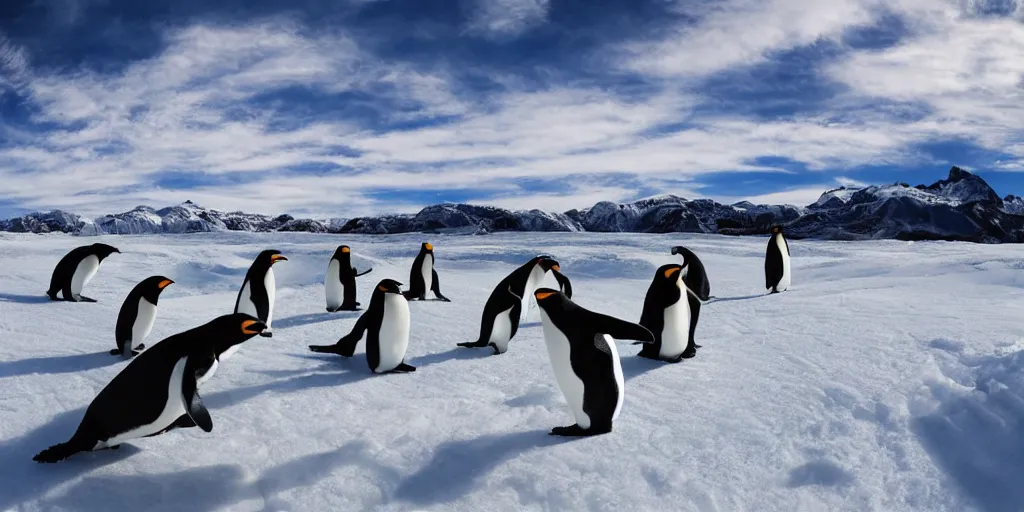 Prompt: ultrawide angle photograph of a team of penguins on snowboards extremely detailed, 8 k