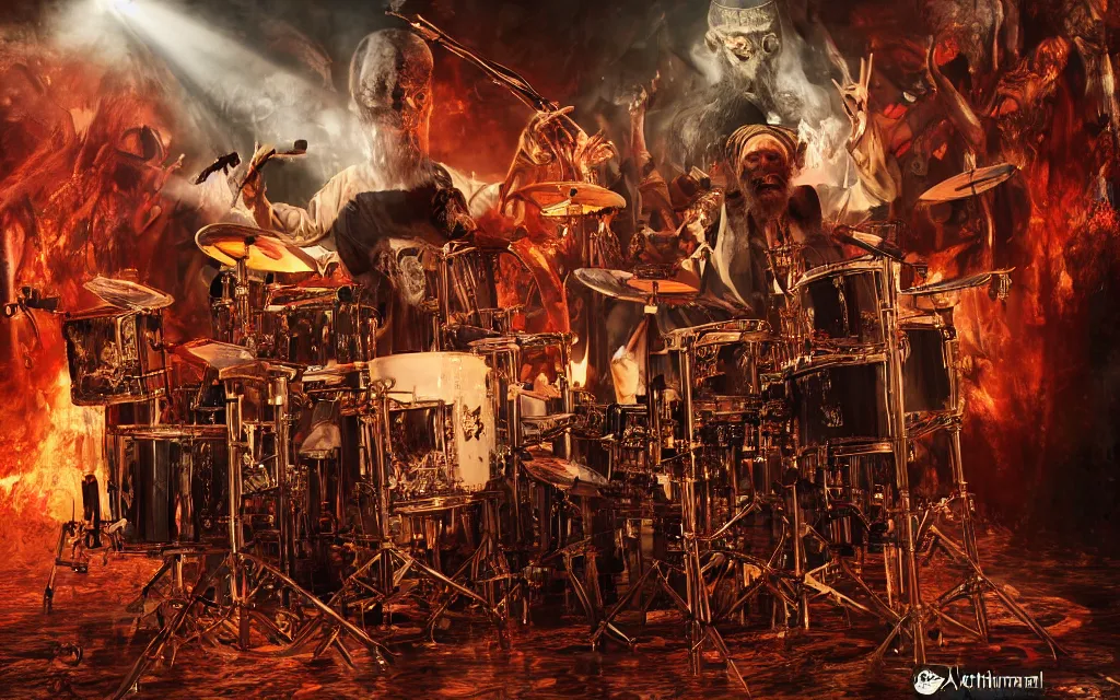 Image similar to khamenei playing drums in heavy metal band in hell hanged, corded, bodies hanged in horizon, skulls around, high definition, trending on artstation, unreal engine, photorealistic, high resolution,, trending on deviantart, hdr, hyper detailed, insane details, intricate, elite, ornate, elegant, luxury, dramatic lighting