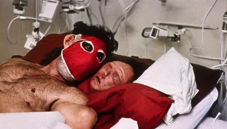 Image similar to 70s movie still of a man with red mask in hospital, eastmancolor, heavy grain, high quality, higly detailed, liminal space