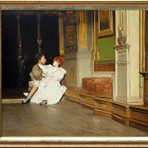 Prompt: a young man and woman chatting in an old theater, by alfred stevens