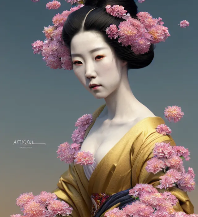 Image similar to baroque portrait of a geisha woman of porceline skin half emerged from river made of thousand of flowers, cinematic lighting, photorealistic, octane render, 8 k, depth of field, art by artgerm and greg rutkowski and alphonse mucha and uang guangjian