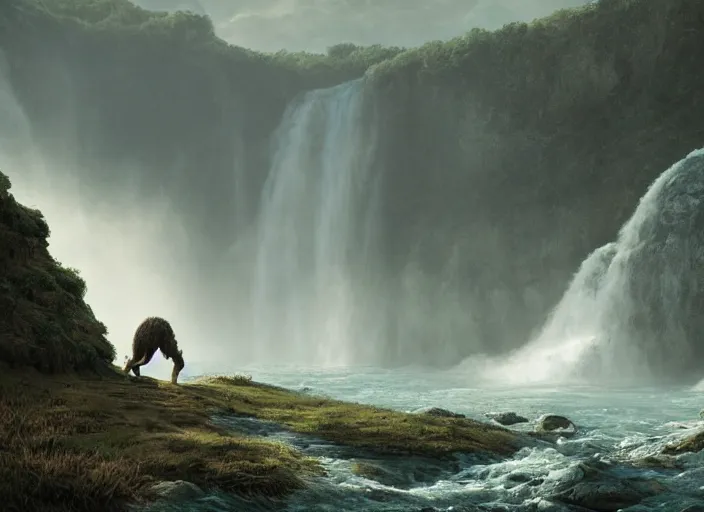 Prompt: A lone Neanderthal in a vast prehistoric landscape with waterfalls, 8k historical concept art, intricate detail, trending on artstation