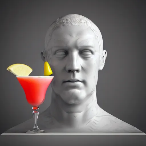 Image similar to close - up of a 3 d white marble human head holding a coctail, colorful coctail, digital illustration, 3 d render, above the waist