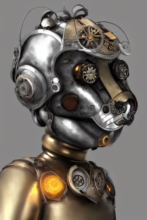 Image similar to steampunk mask minimalist fantasy art robot ninja helmet, global illumination ray tracing hdr fanart arstation by sung choi and eric pfeiffer and gabriel garza and casper konefal radiating a glowing aura