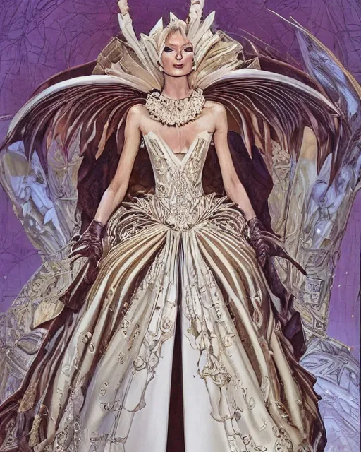 Prompt: fashion model walking down a catwalk, elaborate dress by alexander mcqueen, detailed face, beautiful feminine face, art by michael whelan and chris moore and howard david johnson and tim white and dan giancola