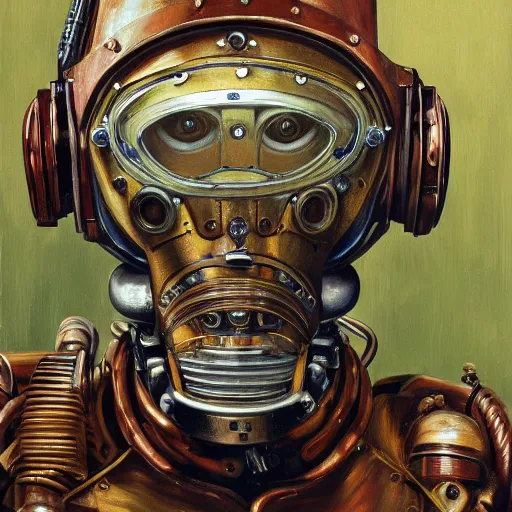 Image similar to high quality high detail painting by lucian freud, hd, portrait of scifi robot, steampunk