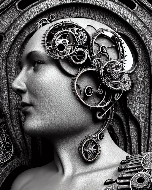 Image similar to mythical black and white organic bio-mechanical spinal ribbed profile face portrait detail of mechanical beautiful female angelic-vegetal-cyborg, highly detailed, intricate steampunk ornate, poetic, 3D render, digital art, octane render, 8K artistic photography, photo-realistic, by Dora Maar