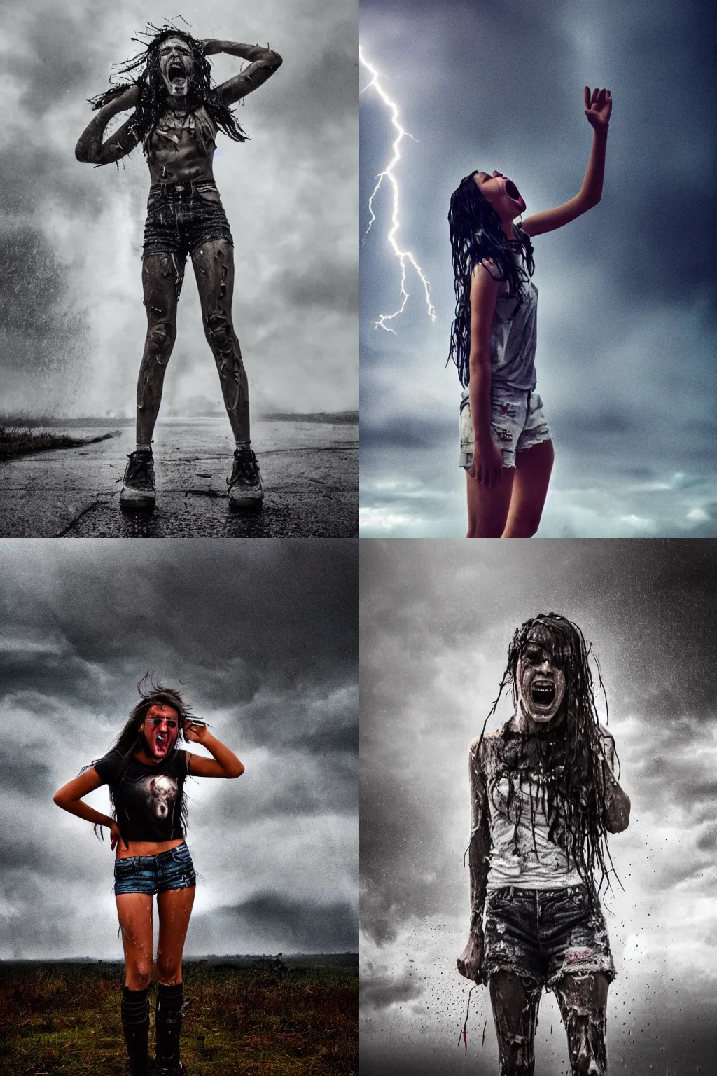 Prompt: apocalyptic photograph of a teenage girl screaming face toward the camera wearing wet and ripped!!! shirt and shorts, fear, skin, towering terrifying robot!!! stands blurry on the horizon, atmospheric, rain and smoke and lightning, bold color, dramatic movie still, photograph by nick ut