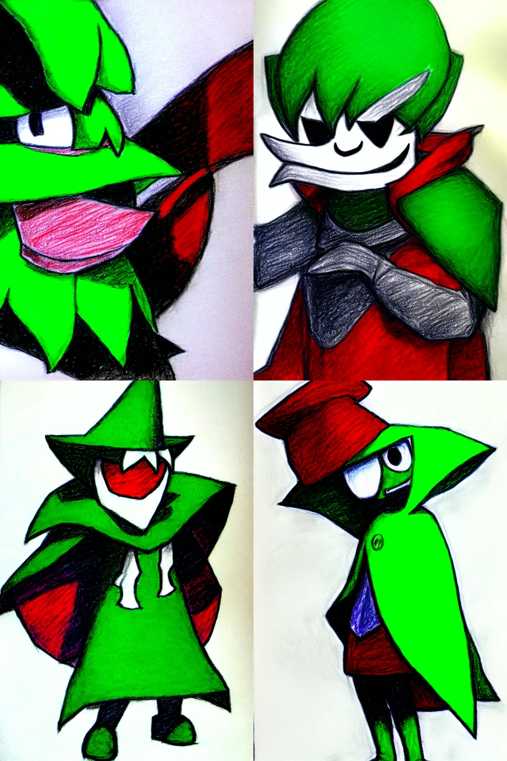 Prompt: a drawing of Ralsei from Deltarune, cel shading, featured on DeviantArt, green and red, Tumblr