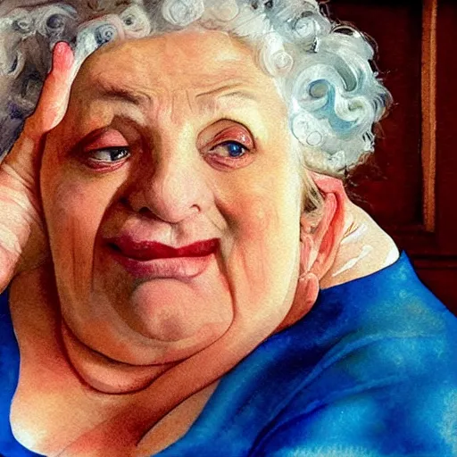 Image similar to a very funny fellini cinematic style. of a sweet fat old woman kissing her reflection. symmetrical face, red mouth, blue eyes. a flowered dress. a hyper - realistic scene. 3 d, octane processing, deep focus, white scene. a very funny and sweet scene. unreal engine. watercolor. freud painting style