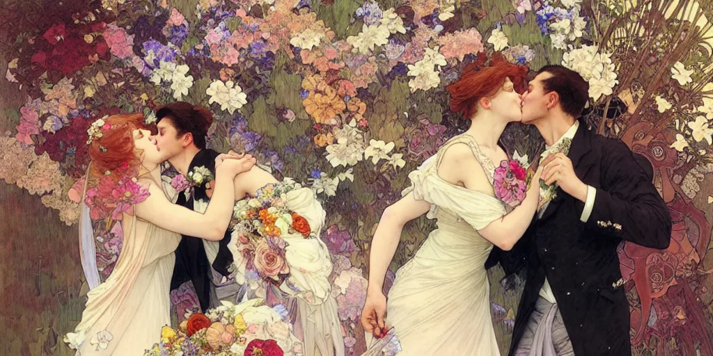 Prompt: the groom kisses the bride at a wedding full of flowers, bright and happy, dreamlike art, highly detail, 4 k realistic, krenz cushart. artem demura. alphonse mucha. yoji shinkawa artgerm. jon lothian. danilo torres. adi meyers. thomas reimann. gaston bussiere.