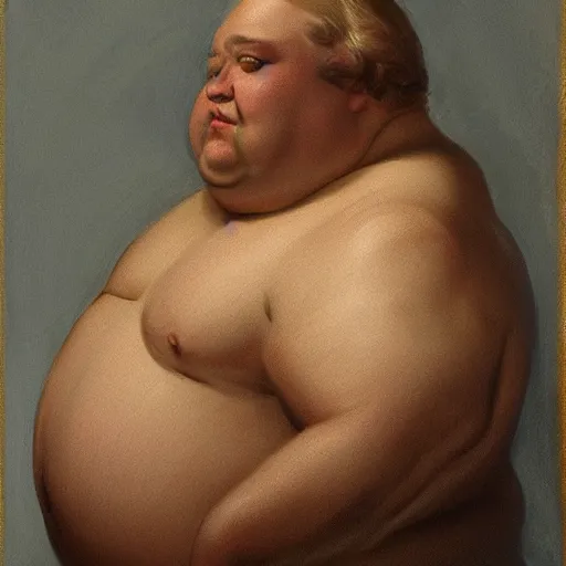 Image similar to highly detailed portrait of a grossly obese man who is shaped like a pear artstation, 8 k, sfx, john singer sargent.