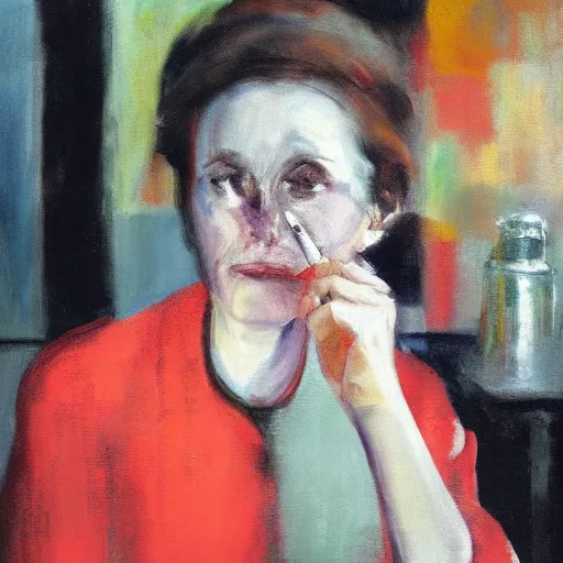 Prompt: overpainted portrait of a tired woman smoking a cigarette in a diner by gerhard richter