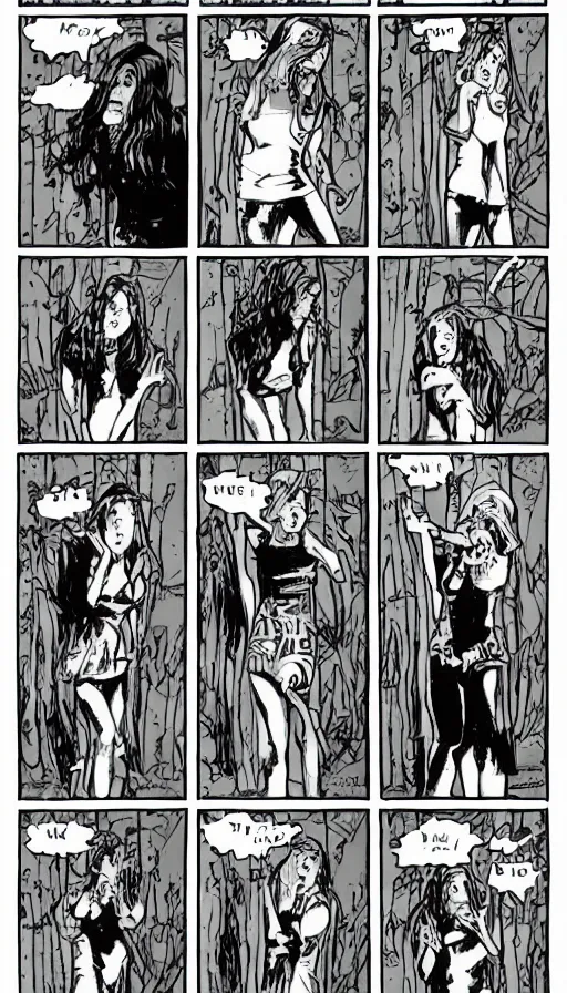 Image similar to multi - panel page from a highly detailed horror comic. young woman talking with a horrifying creature in her adjustment. terror. ink.