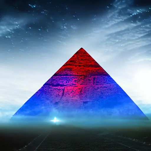 Image similar to big pyramid with blue glow lights and fog in background, huge spaceship in sky, cinematic looking, drama, scary