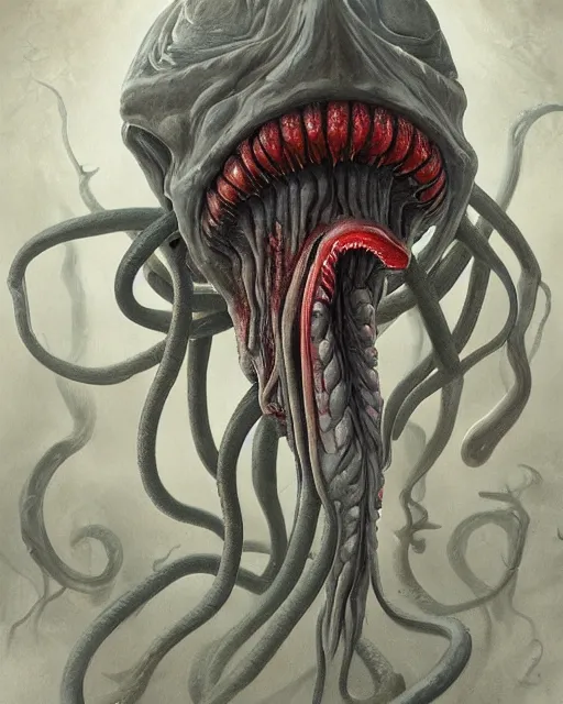 Image similar to Haunting horrifying detailed painting of a tall skinny extraterrestrial squid monster made of gelatinous fluid, floating teeth and bloodshot eyeballs, hyper detailed, trending on Artstation