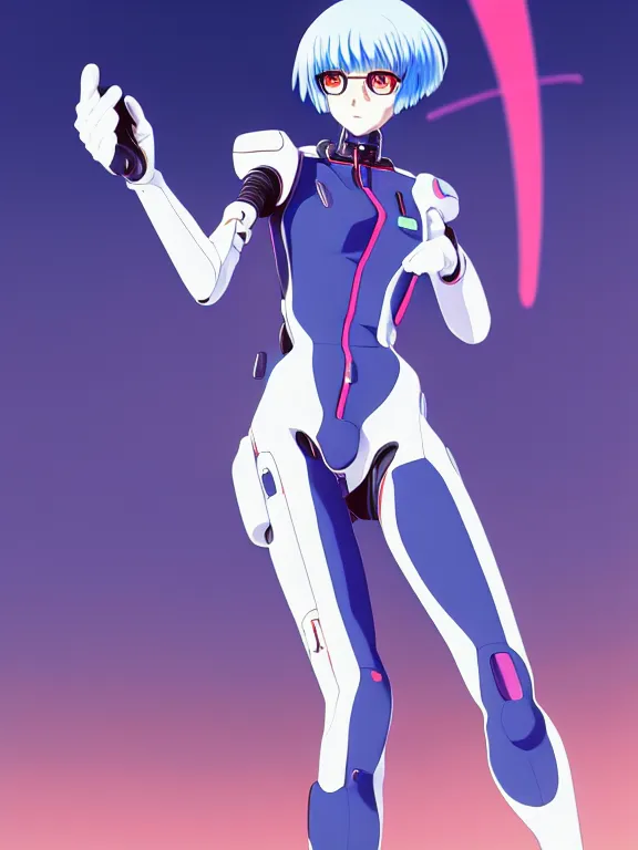 Image similar to a fullbody portrait of rei ayanami on a motorcycle, evangelion neon genesis : : blue hair, wearing a plug suit, skintight, standing on top of an eva : : by ilya kuvshinov, rossdraws, artgerm, sola digital arts, anti aliasing, raytracing : :