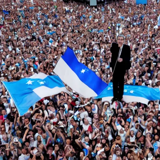 Image similar to Lady Gaga as president, Argentina presidential rally, Argentine flags behind, bokeh, giving a speech, detailed face, Argentina