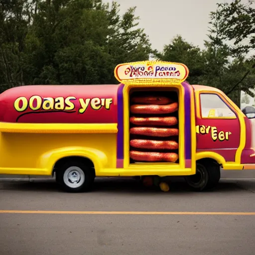 Prompt: the Oscar Meyer Weinermobile crashing into a fruit stand, photo, f1.7 35mm prime, award winning