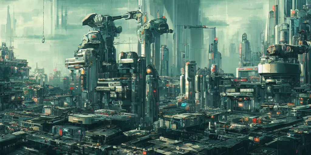 Image similar to a huge sci-fi factory where they make robots and weapons for the military, cyberpunk, art, high detail, high definition, 8k,