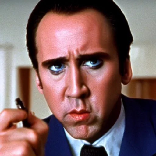 Prompt: photo of Nicolas Cage as Patrick Bateman in American Psycho movie