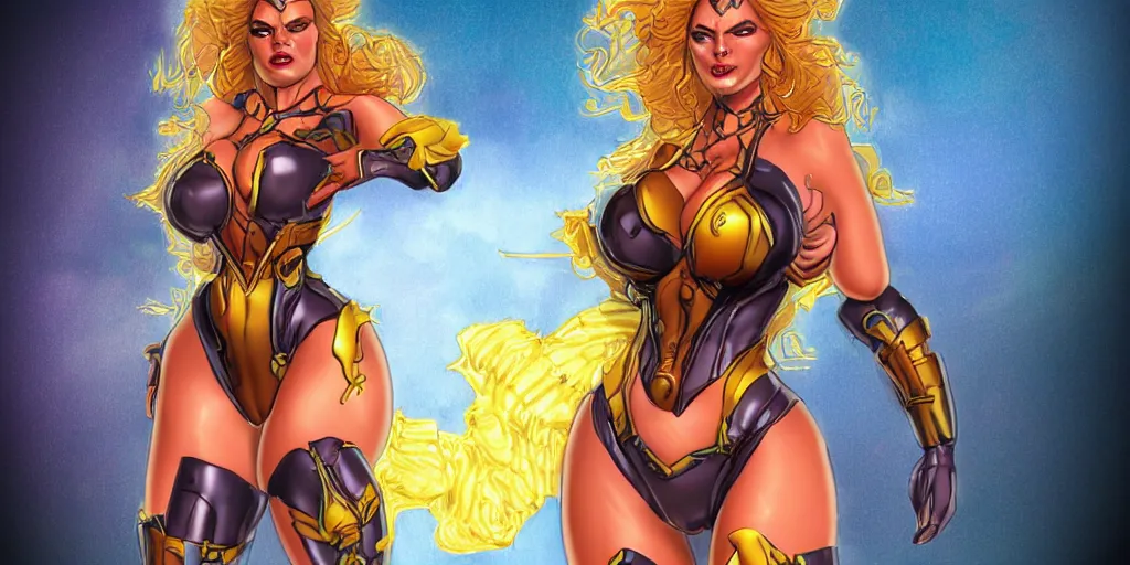 Prompt: a voluptuous female nuclear fusion super hero, highly detailed concept art, multicolor