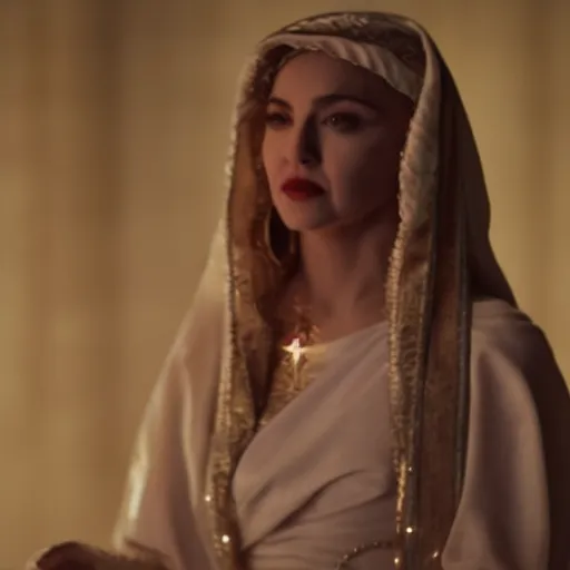 Image similar to stunning awe inspiring madonna as the female jesus christ, movie still 8 k hdr atmospheric lighting