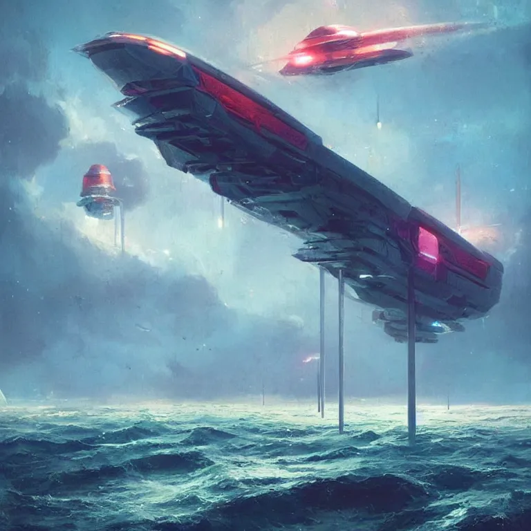 Image similar to behemoth spaceship covered in antenna that is crashing into the ocean, scifi concept art, by john harris, by simon stalenhag, stunning, award winning