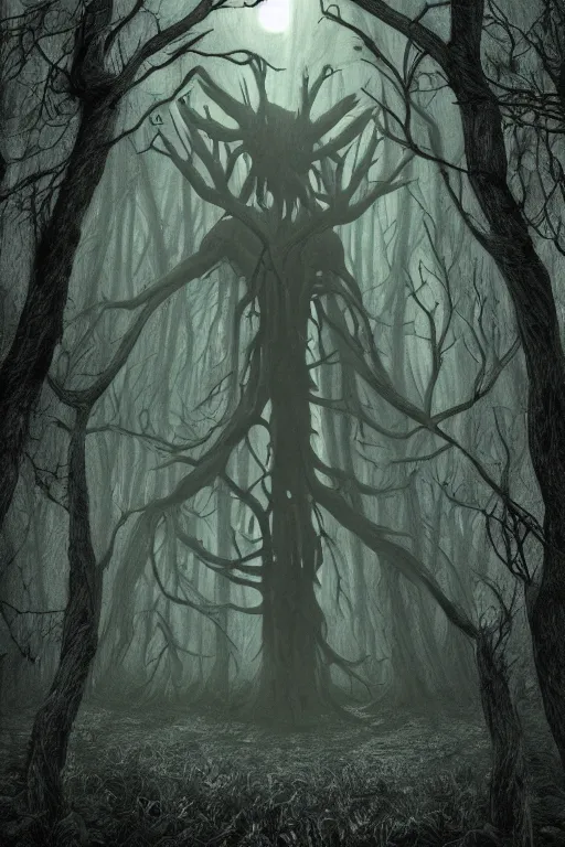 Prompt: cursed tree in the forest with a human like face | hyperdetailed | volumetric lighting | eerie atmosphere | larry elmore |