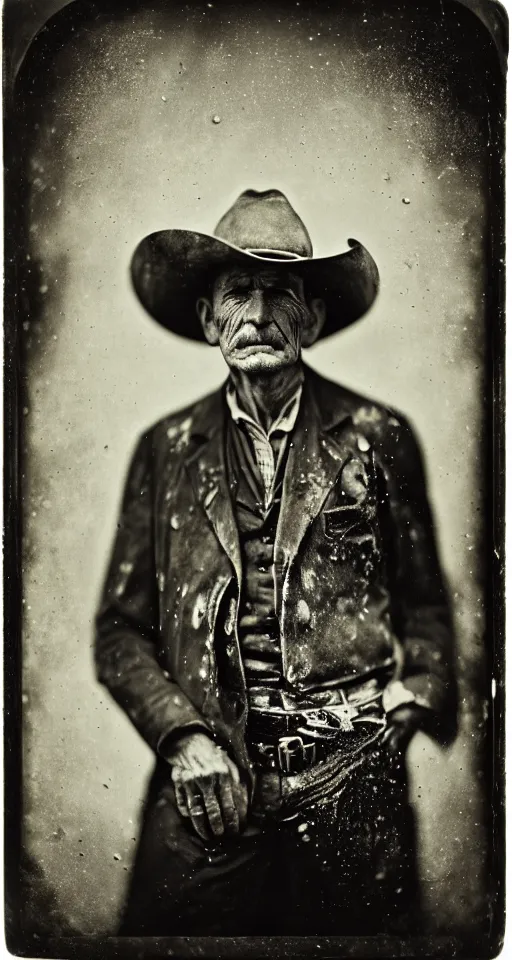 Image similar to a wet plate photograph, a portrait of an old cowboy