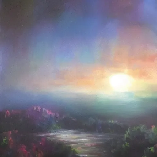 Prompt: Martain Landscape Beautiful view in Acrylic and Oil, Detailed, Volumetric Lighting