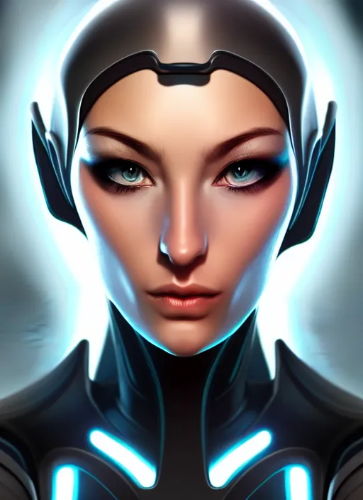 Image similar to portrait of a cyborg woman by Artgerm, (((((face turns left))))) (((((face turns right))))), eyes closed , biomechanical, hyper detailled, trending on artstation