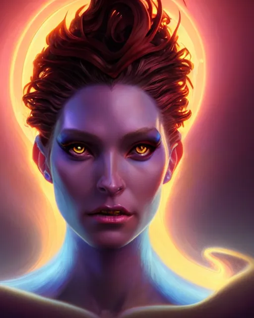 Image similar to epic fantasy render portrait of a beautiful bioluminescent woman with glowing eyes, dark retrowave, highly detailed, digital painting, cinematic, hyperrealism, rpg portrait, dynamic lighting, art by boris vallejo and julie bell and magali villeneuve and alphonse mucha, artstation, octane render, cgsociety