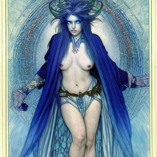 Prompt: half - length portrait of a female lightning genasi with blue skin and white hair made of sirrus clouds, full white robes, medieval, fantasy, d & d, luis royo, klimt, alphonse mucha