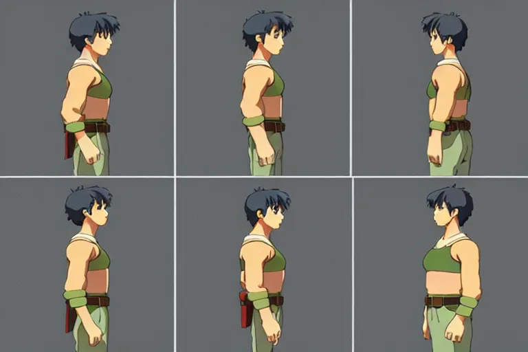 Prompt: a reference sheet containing three pictures of a t position hero by ghibli studio, front back view and side view, t position proportions, ready to model,